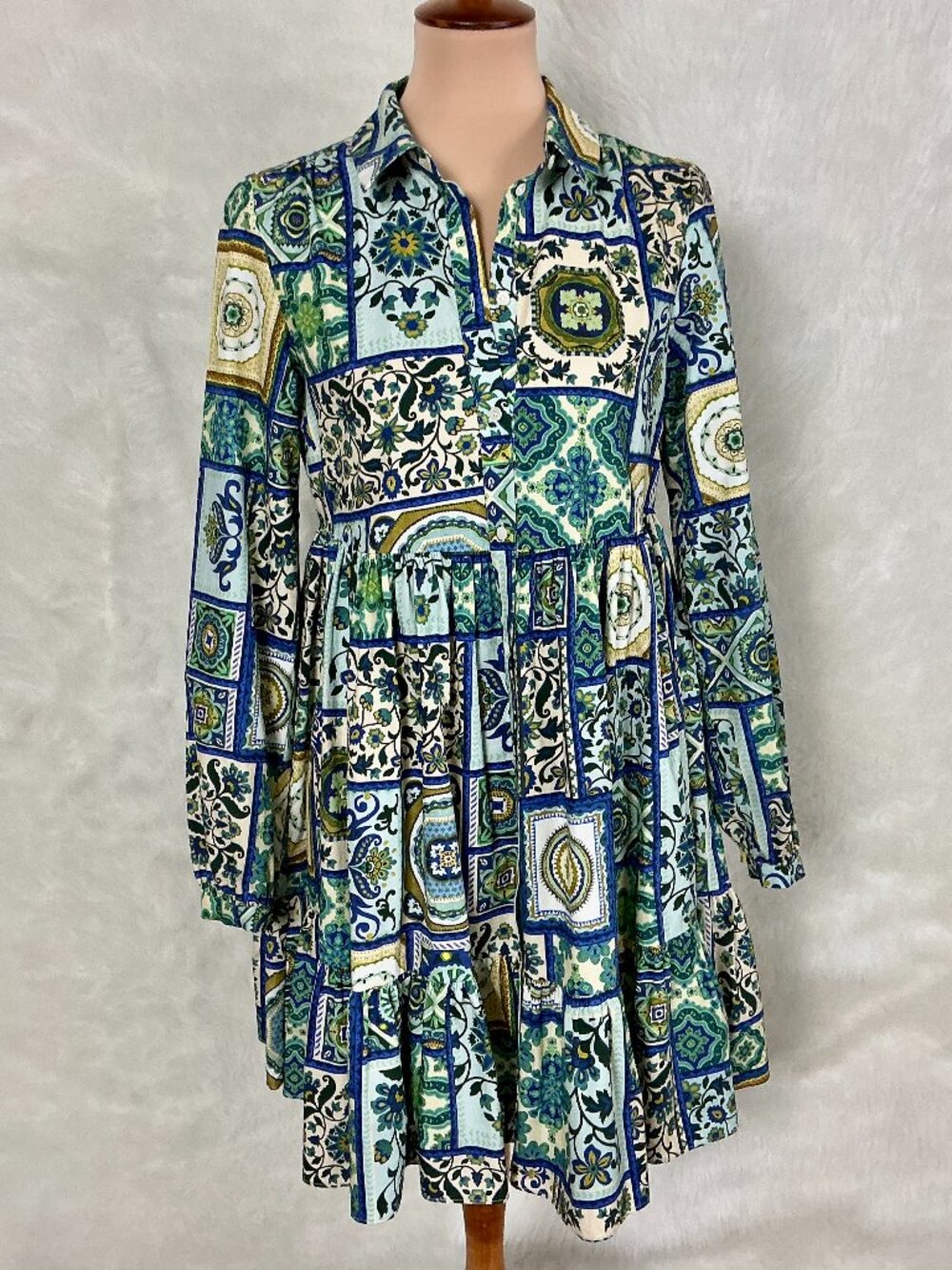 Sezane Momoni Himelda Mosaic Blue Green Floral Long Sleeve Shirtdress EU 36 US S